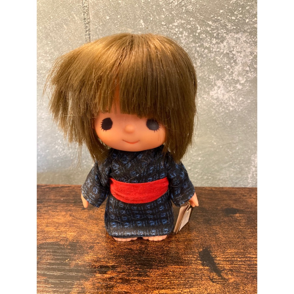 Vintage Sekiguchi Monchhichi Friend Doll Kimono Navy Blue Red Obi 6 Inch Toy
